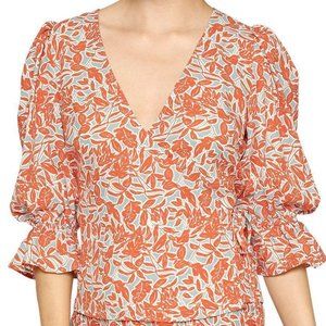 Lucy Paris Orange Tie Smocked Back Printed 3/4 Sleeve Blouse Size L